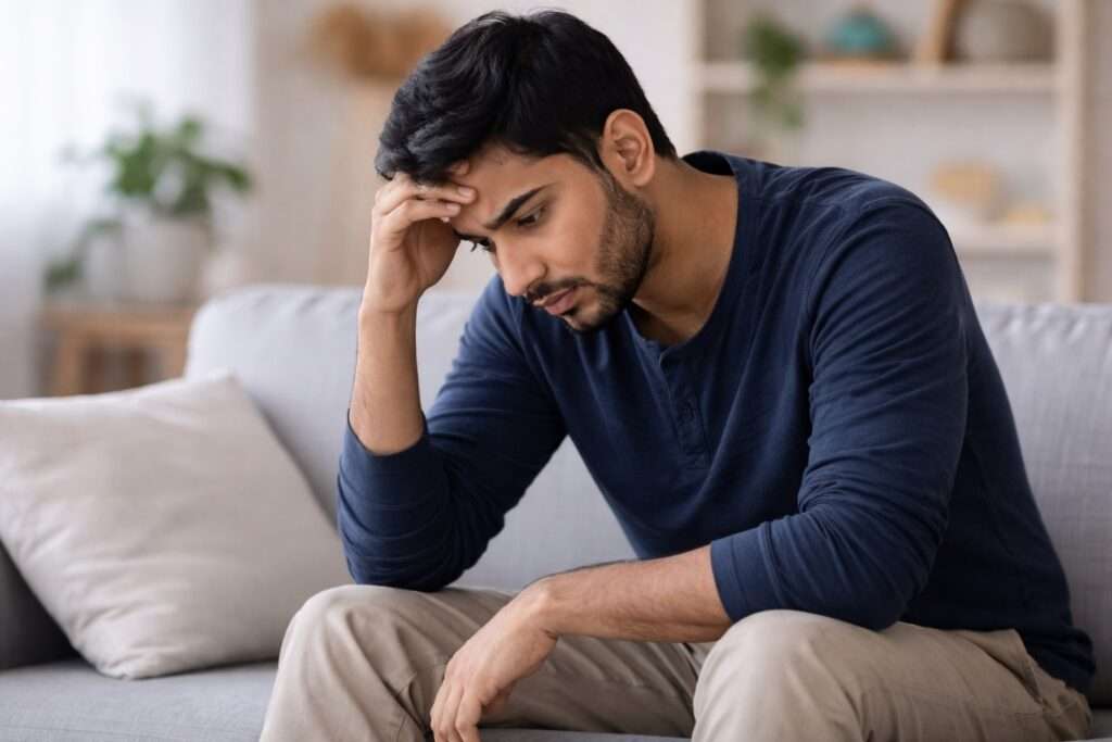 Depressed boy sitting on sofa