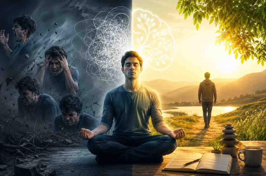 image represent transformation from anger issues to a calm person