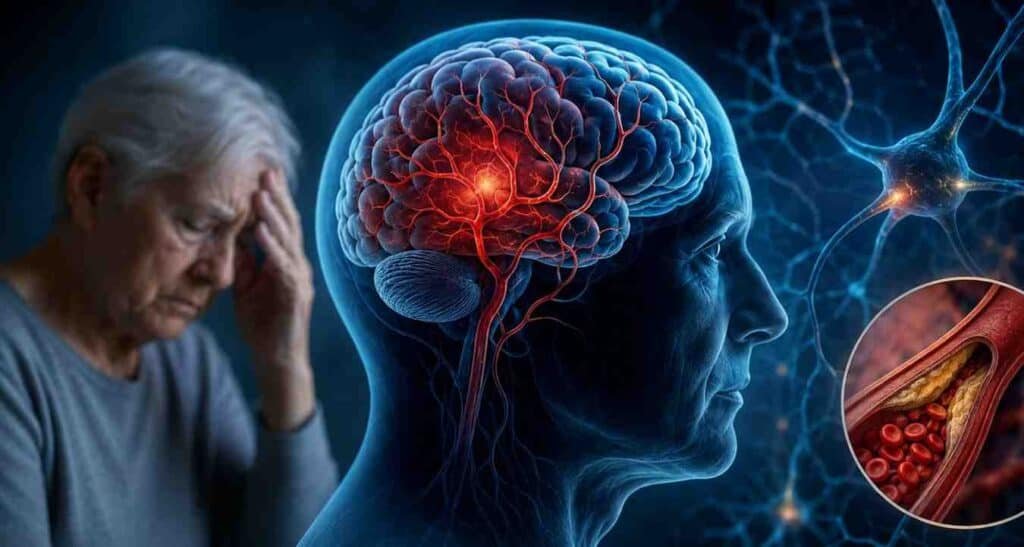 Illustration showing vascular dementia and reduced blood flow to the brain in an elderly person, featuring highlighted brain blood vessels, stroke-related damage, and blocked arteries in a medical visual concept.