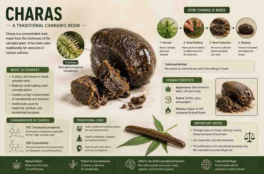 Educational infographic about Charas, a traditional cannabis resin, showing how it is made from cannabis plant trichomes through hand-rubbing and resin collection. The poster includes images of cannabis leaves, resin blocks, cannabinoids like THC and CBD, traditional uses, characteristics, and step-by-step illustrations in a green-themed scientific layout.