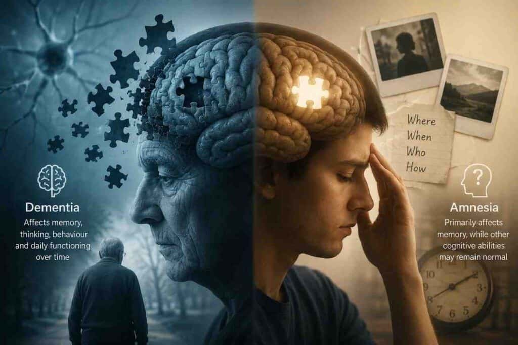 Difference between amnesia and dementia illustration showing memory loss vs cognitive decline in the brain