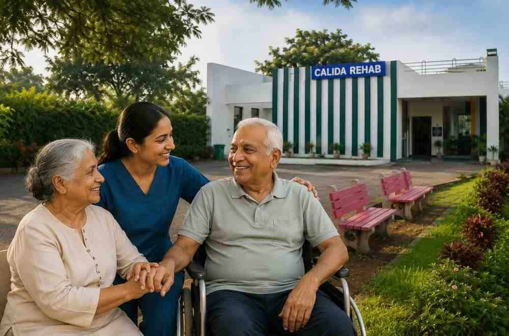 Geriatric rehabilitation center in Mumbai Pune with elderly patients and caregiver outside Calida Rehab