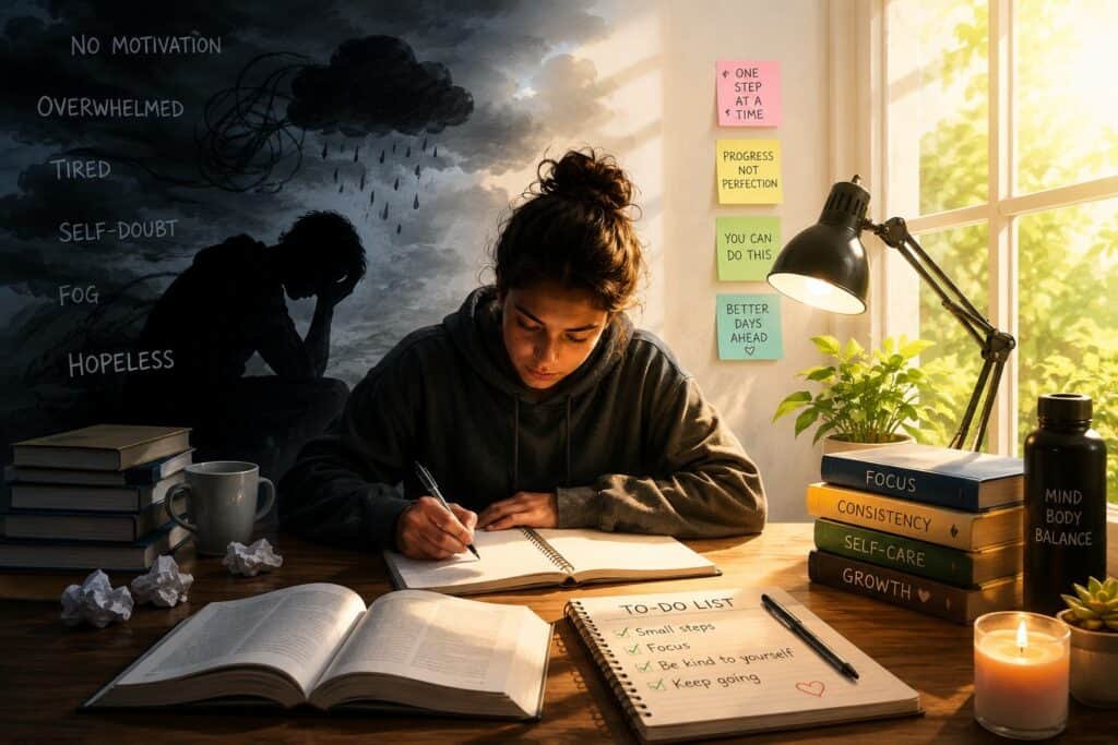 A realistic, high-detail study desk scene near a softly lit window, showing an open notebook, scattered study materials, and a calm, slightly moody atmosphere that reflects focus mixed with emotional heaviness, symbolizing studying while dealing with depression.