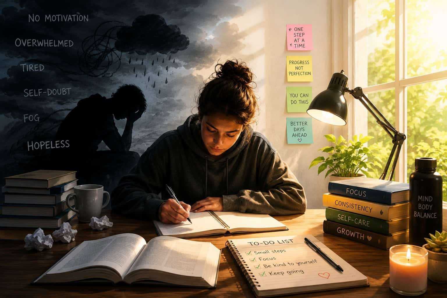 A realistic, high-detail study desk scene near a softly lit window, showing an open notebook, scattered study materials, and a calm, slightly moody atmosphere that reflects focus mixed with emotional heaviness, symbolizing studying while dealing with depression.