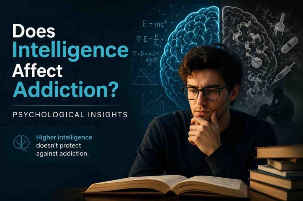 Man studying with glowing brain graphic representing intelligence and addiction psychology