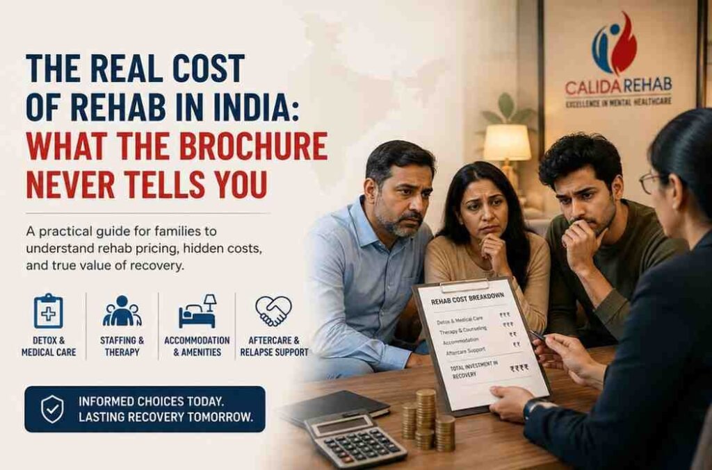 The Real Cost of Rehab in India – Family consulting a rehabilitation counselor about treatment costs, detox, therapy, accommodation, and aftercare at Calida Rehab.