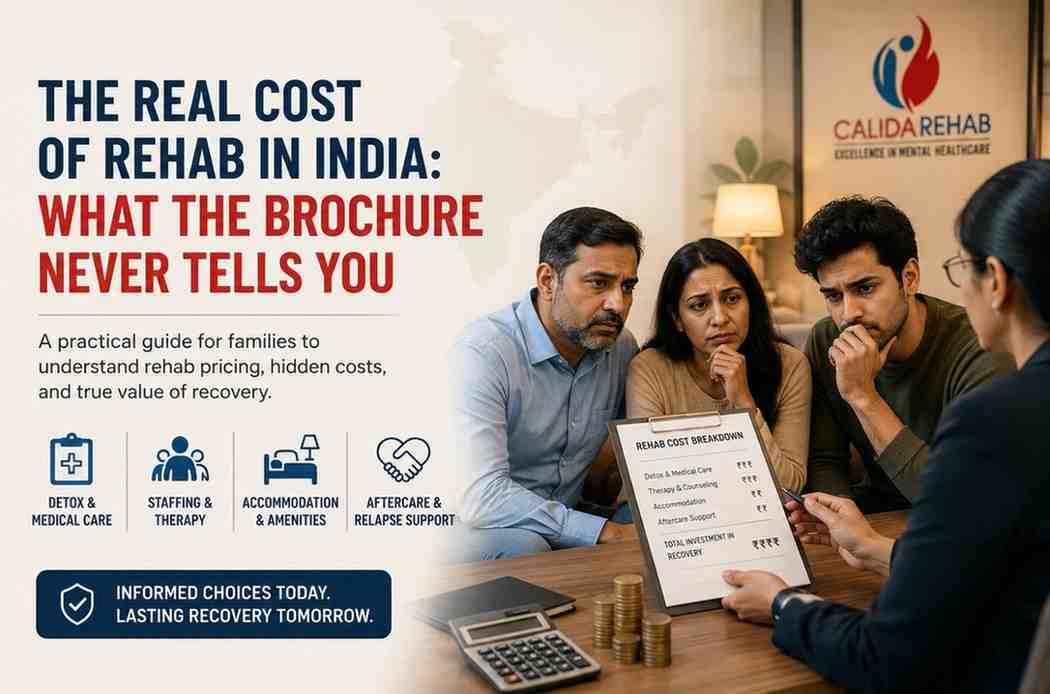 The Real Cost of Rehab in India – Family consulting a rehabilitation counselor about treatment costs, detox, therapy, accommodation, and aftercare at Calida Rehab.