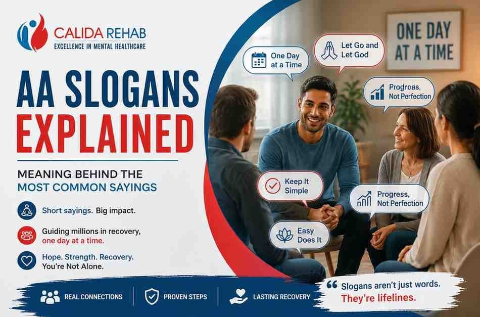 AA slogans explained infographic by Calida Rehab showing phrases like “One Day at a Time,” “Let Go and Let God,” and “Progress Not Perfection” in a recovery support group setting