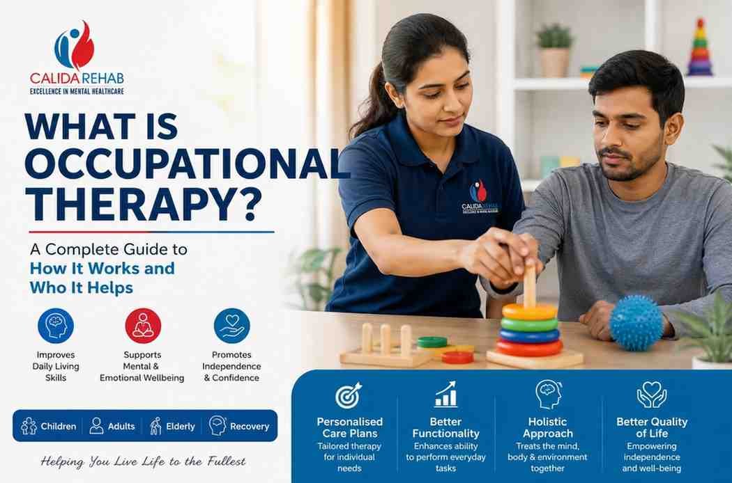 A therapist helping a man with hand exercises using stacking rings, alongside text explaining occupational therapy and its benefits.