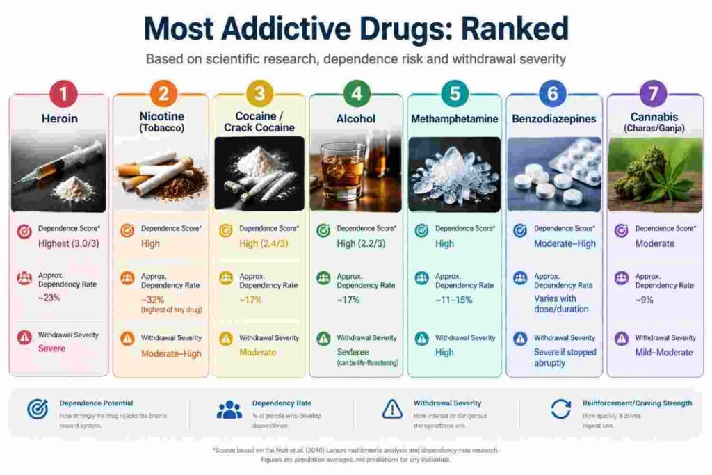 Most addictive drugs ranked by dependence risk, dependency rate and withdrawal severity