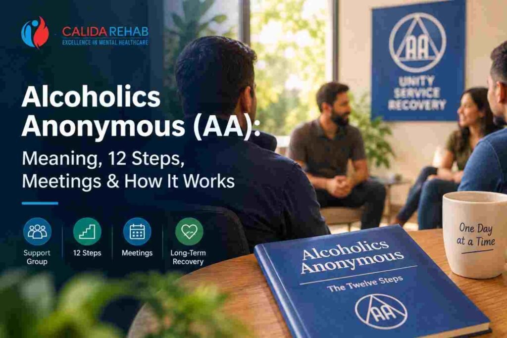 Alcoholics Anonymous (AA) meeting with 12 Steps, peer support and recovery guidance