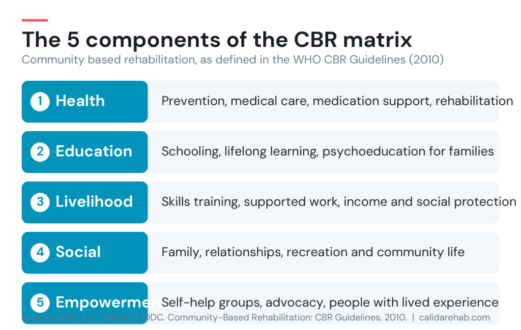 Diagram of the five components of the community based rehabilitation matrix: health, education, livelihood, social and empowerment