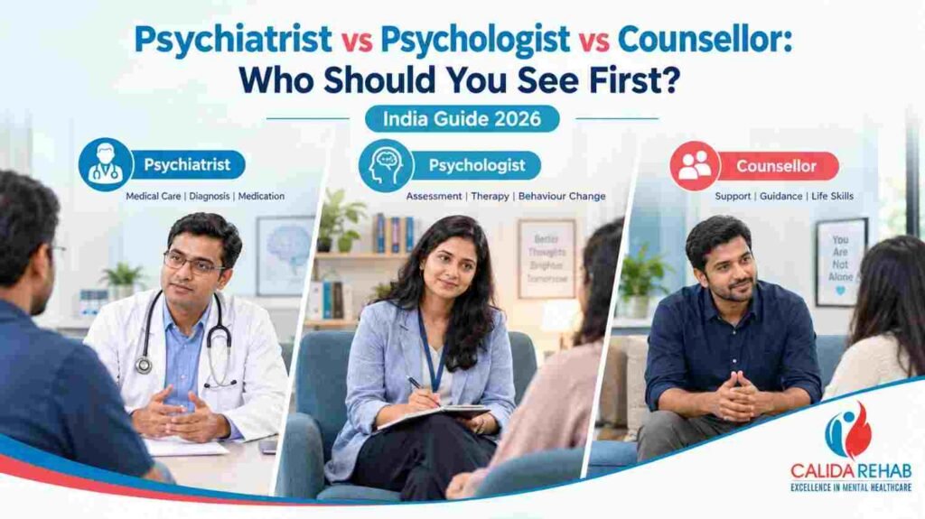 Psychiatrist vs psychologist vs counsellor in India – mental health professionals at Calida Rehab