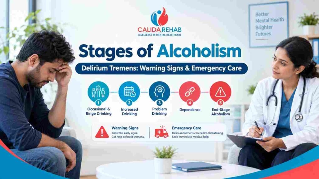 Stages of alcoholism and delirium tremens warning signs and emergency care at Calida Rehab.