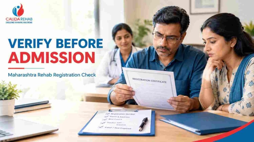 Calida Rehab guide to verifying MSMHA registration of a rehabilitation centre in Maharashtra before patient admission.