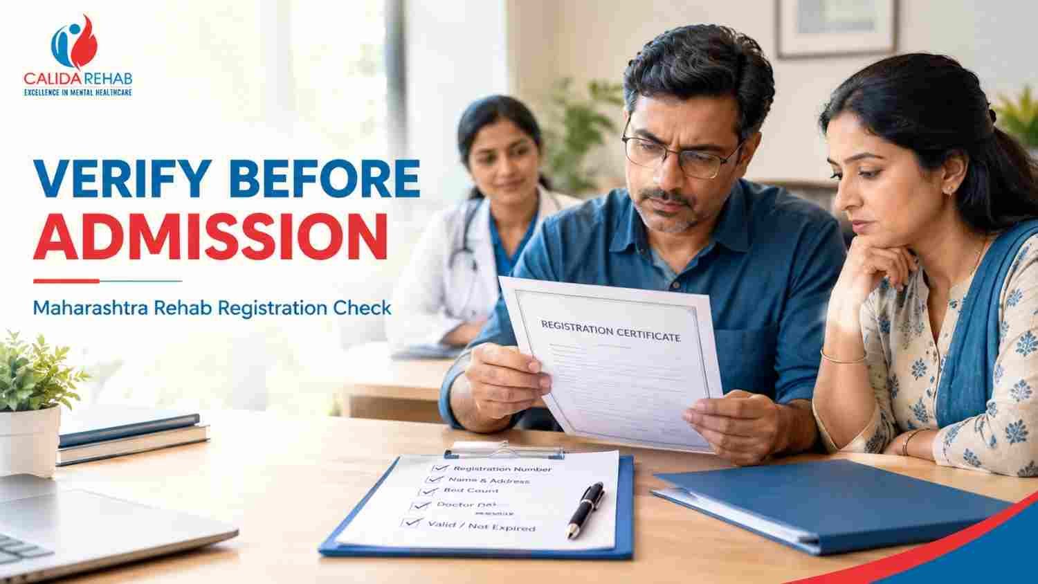 Calida Rehab guide to verifying MSMHA registration of a rehabilitation centre in Maharashtra before patient admission.